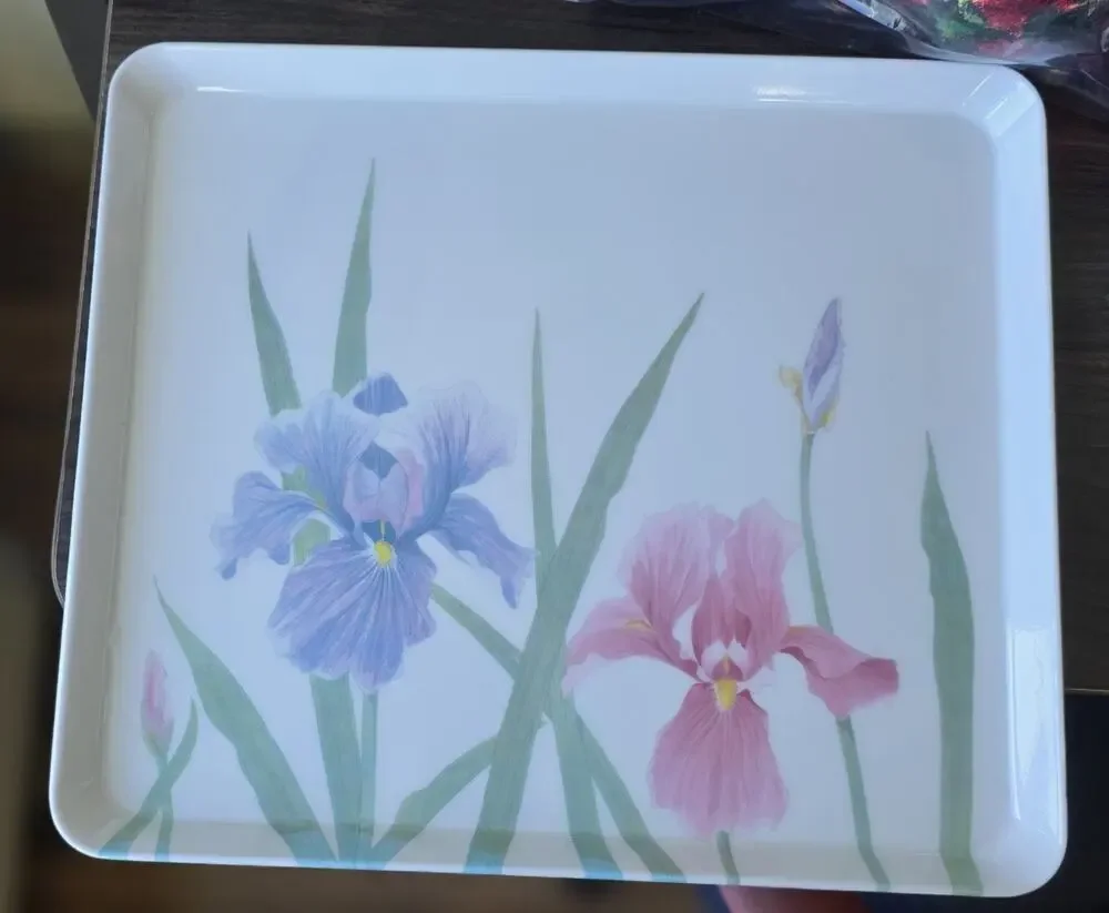 Retro Floral Melamine Tray, Vintage 1980s, Iris Flower, Rectangular 12x10 Inches